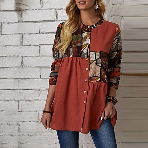 

Women's Plus Size Tops Tunic Shirt Graphic Abstract Button Print Long Sleeve Crewneck Streetwear Fall Red Big Size L XL XXL 3XL