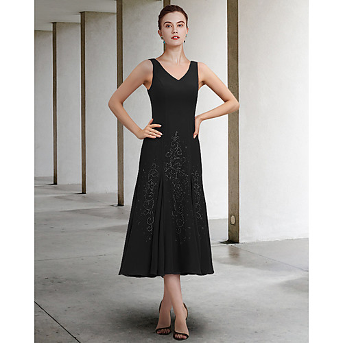 

A-Line Mother of the Bride Dress Elegant V Neck Ankle Length Chiffon Sleeveless with Beading 2021