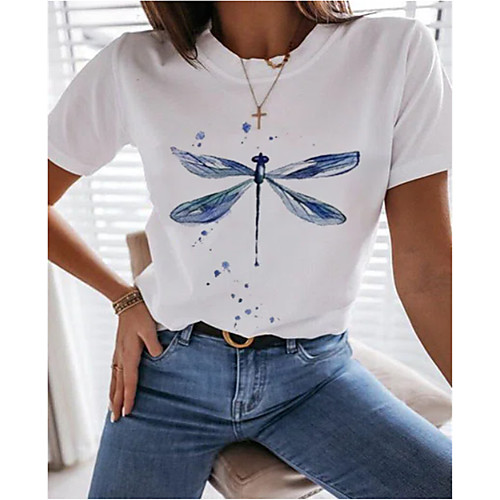 

Women's Painting T shirt Animal Round Neck Basic Tops White
