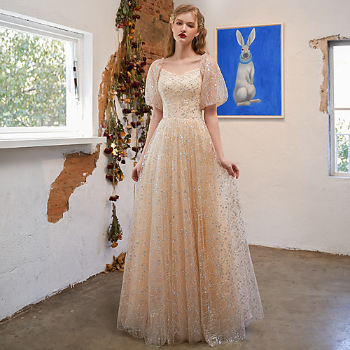 

A-Line Glittering Elegant Prom Formal Evening Dress Scoop Neck Short Sleeve Floor Length Tulle with Pleats Sequin 2021