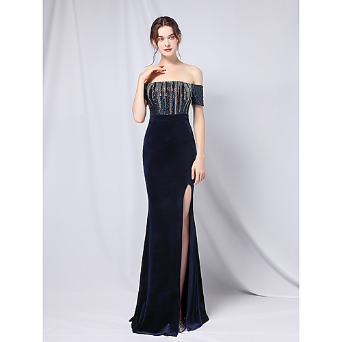 

Mermaid / Trumpet Empire Sexy Wedding Guest Formal Evening Dress Strapless Off Shoulder Short Sleeve Floor Length Velvet with Crystals Split 2021