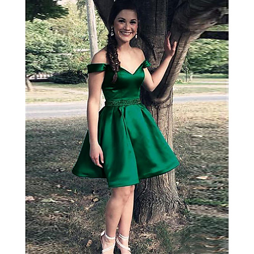 

A-Line Reformation Amante Minimalist Engagement Cocktail Party Dress Off Shoulder Sleeveless Short / Mini Satin with Beading 2021
