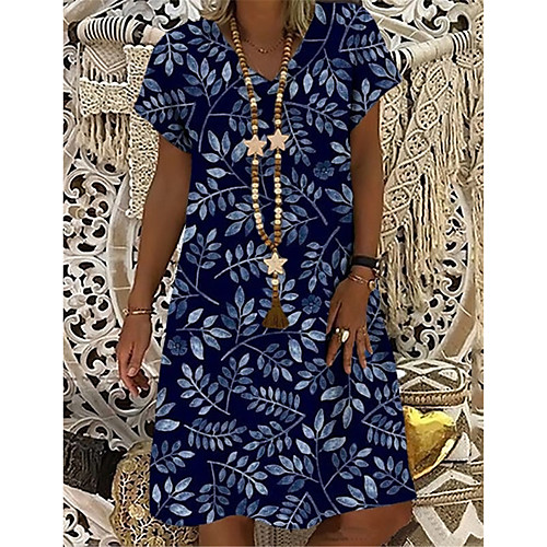 

Women's T Shirt Dress Tee Dress Knee Length Dress Blue Short Sleeve Floral Print Print Spring Summer V Neck Casual Holiday 2021 S M L XL XXL 3XL