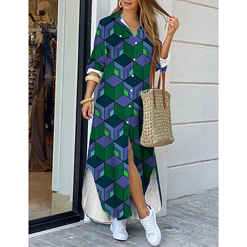 

Women's Shirt Dress Maxi long Dress Blue Long Sleeve Geometric Print Spring Summer Shirt Collar Casual 2021 S M L XL XXL 3XL