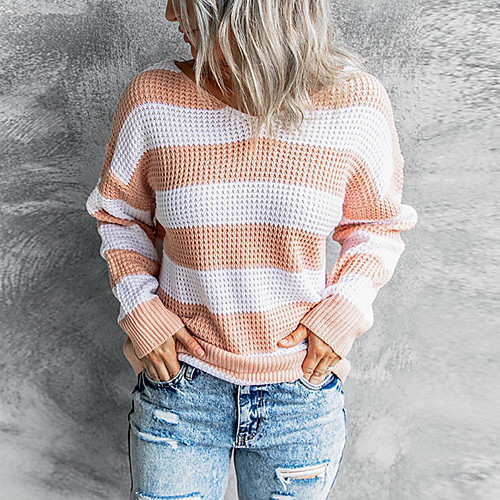 

Women's Basic Casual Classic Style Stripes Pullover Sweater Long Sleeve Sweater Cardigans V Neck Fall Spring Summer Skin powder khaki Green