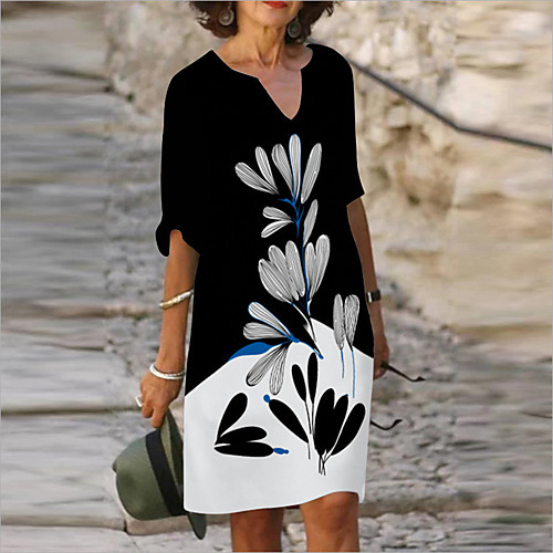 

Women's A Line Dress Knee Length Dress Blue Rainbow White Black Red Half Sleeve Floral Letter Print Summer V Neck Casual 2021 S M L XL XXL 3XL