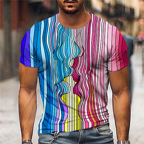 

Men's Unisex Tee T shirt Shirt 3D Print Striped Gradient Graphic Prints Print Short Sleeve Daily Tops Casual Designer Big and Tall Blue