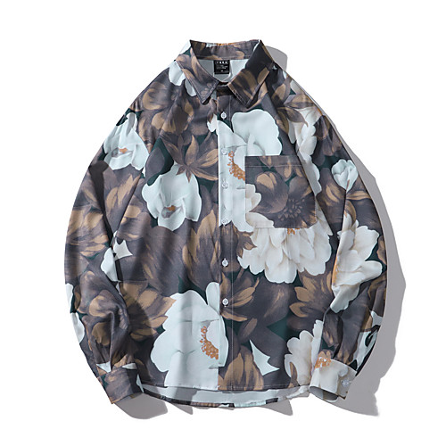 

Men's Shirt Other Prints Graphic Leaves Button-Down Print Long Sleeve Casual Tops Basic Light Brown
