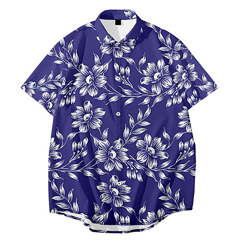 

Men's Shirt 3D Print Floral Plus Size 3D Print Button-Down Short Sleeve Casual Tops Casual Fashion Breathable Comfortable Blue Black / Sports