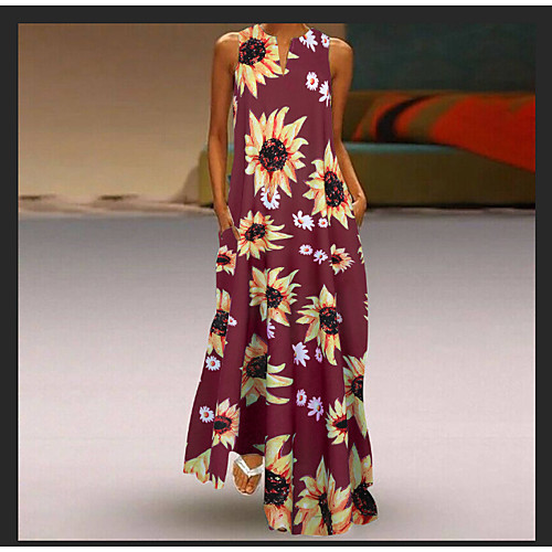 

Women's Swing Dress Maxi long Dress Red Wine Sky Blue Black Sleeveless Sunflower Spring Summer Y Neck Casual 2021 S M L XL 2XL 3XL 4XL 5XL