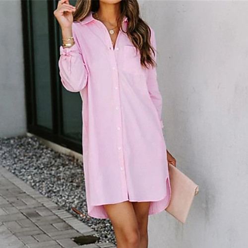 

Women's Shirt Dress Short Mini Dress Blushing Pink Long Sleeve Solid Color Button Summer Shirt Collar Casual 2021 S M L / Cotton