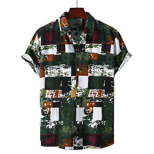 

Men's Shirt Lattice Short Sleeve Casual Tops Ethnic Style Rainbow