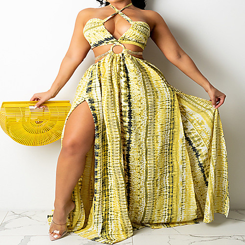 

Women's Swing Dress Maxi long Dress Light Blue Blue Yellow Emerald Sleeveless Geometic Split Lace up Hole Spring Summer Halter Neck Casual Sexy 2021 S M L XL XXL