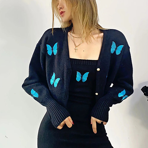 

Women's Stylish Embroidery Animal Cardigan Sweater Long Sleeve Sweater Cardigans V Neck Fall Spring White Black