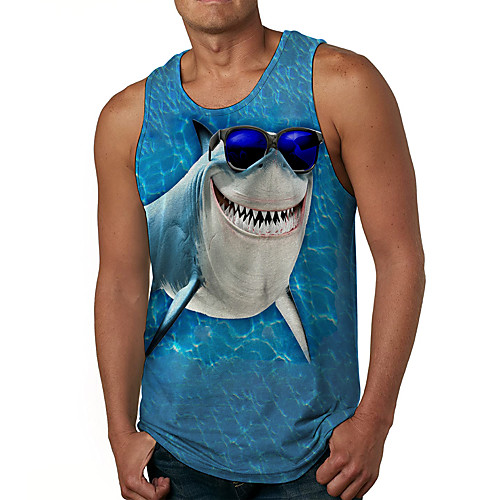 

Men's Tank Top Undershirt 3D Print Graphic Prints Shark Animal Print Sleeveless Daily Tops Casual Designer Big and Tall Blue
