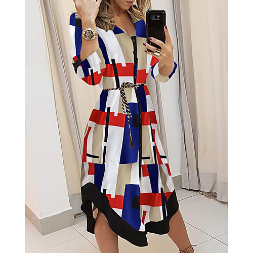 

Women's Shirt Dress Midi Dress Stripe printing Plaid printing Diamond printing Long Sleeve Geometic Spring Summer Casual 2021 S M L XL 2XL