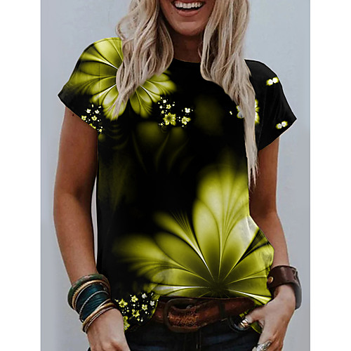 

Women's Floral Theme Abstract Painting T shirt Floral Graphic Print Round Neck Basic Tops Blue Yellow Blushing Pink