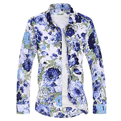 

Men's Shirt Other Prints Floral Color Block Leaves Print Long Sleeve Street Tops Fashion Streetwear Hawaiian Beach Blue Royal Blue White