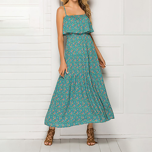 

Women's Swing Dress Midi Dress Green Red Sleeveless Floral Print Ruffle Print Fall Spring Boat Neck Casual Holiday 2021 S M L XL / Cotton / Cotton