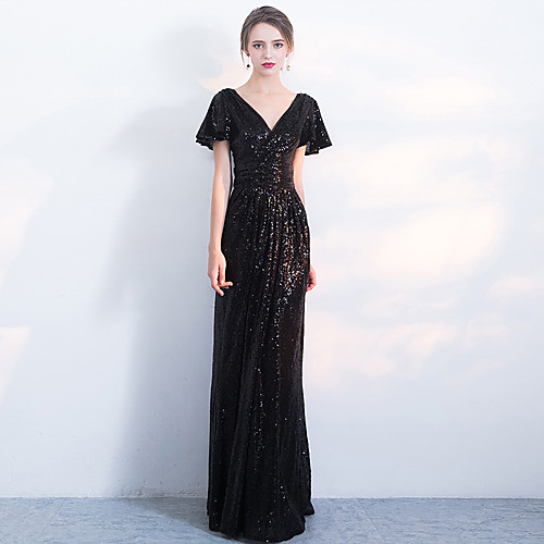 

Sheath / Column Sparkle Elegant Prom Formal Evening Dress V Neck Short Sleeve Floor Length Sequined with Pleats Sequin 2021