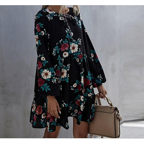 

Women's A Line Dress Short Mini Dress Black Long Sleeve Flower Lace up Spring Summer Round Neck Casual Holiday Loose 2021 S M L XL