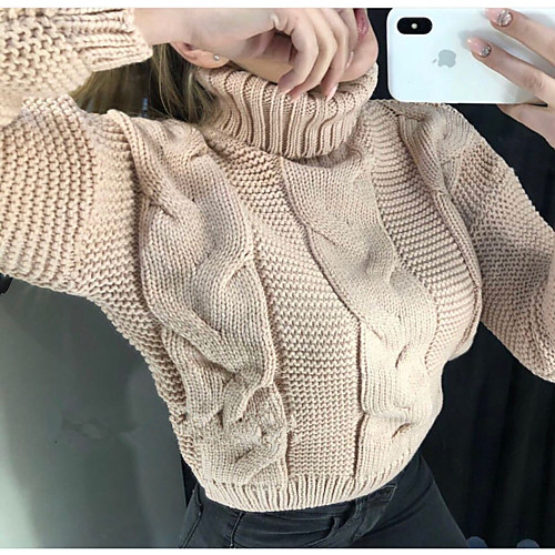 

Women's Casual Pure Color Solid Color Pullover Sweater Long Sleeve Sweater Cardigans High Neck Fall Spring Purple Yellow Blushing Pink