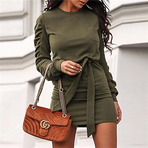 

Women's A Line Dress Short Mini Dress Wine Army Green White Black Long Sleeve Solid Color Lace up Pocket Fall Summer Round Neck Casual 2021 S M L XL XXL