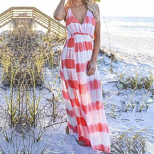 

Women's Shift Dress Maxi long Dress Blue Blushing Pink Sleeveless Striped Color Gradient Geometric Split Ruched Print Fall V Neck Casual Sexy Boho 2021 S M L XL