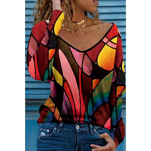 

Women's T shirt Color Block Long Sleeve Print V Neck Sexy Boho Tops Blue Purple Yellow