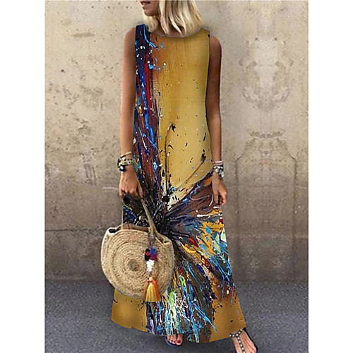 

Women's Shift Dress Maxi long Dress Yellow Sleeveless Butterfly Animal Print Fall Summer Round Neck Casual 2021 S M L XL XXL 3XL