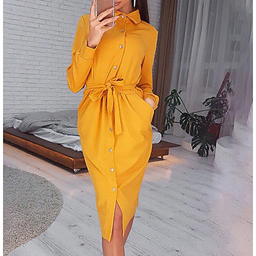 

Women's A Line Dress Knee Length Dress Yellow Wine Green Long Sleeve Solid Color Ruched Lace up Fall Shirt Collar Casual 2021 S M L XL XXL