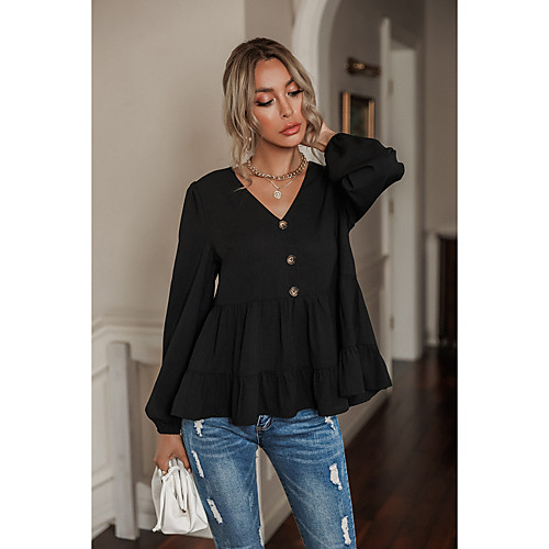 

Women's Floral Theme Blouse Shirt Plain Long Sleeve Flowing tunic Button V Neck Basic Streetwear Tops Black