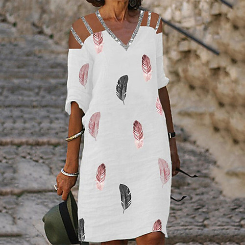 

Women's A Line Dress Knee Length Dress White Black Half Sleeve Print Print Summer V Neck Casual 2021 S M L XL XXL 3XL