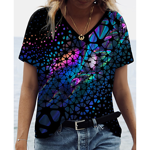 

Women's Painting T shirt Graphic Print V Neck Basic Tops Black