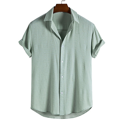

Men's Shirt non-printing Solid Color Plus Size 新款纯色大码夏季绿色翻领宽松型棉普通休闲衬衫衬衣 Tassel Short Sleeve Casual Tops Casual Light Green