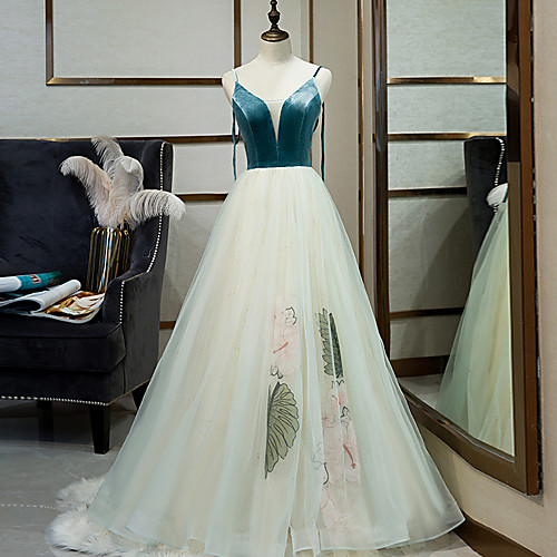 

A-Line Elegant Floral Prom Formal Evening Dress Spaghetti Strap Sleeveless Floor Length Tulle Velvet with Pleats Pattern / Print 2021