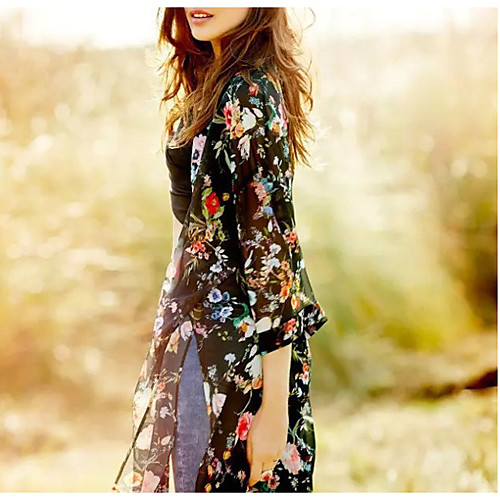 

Women's Coat Daily Wear Spring Summer Long Coat Regular Fit Casual / Daily Jacket Print Flower Navy blue flower type Light blue flower type