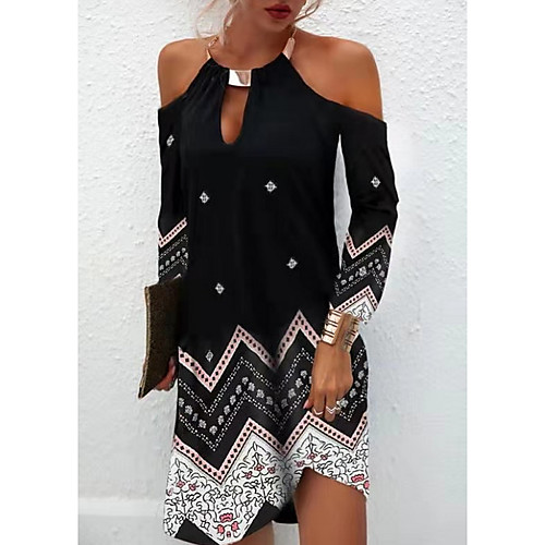 

Women's Swing Dress Knee Length Dress Black Long Sleeve Print Color Block Patchwork Cold Shoulder Spring Summer Round Neck Casual 2021 S M L XL XXL 3XL