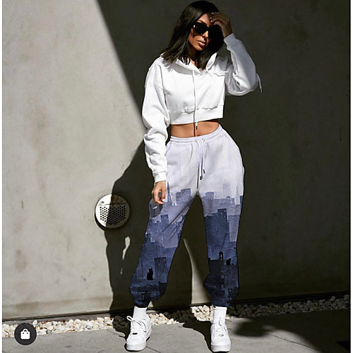 

Women's Designer Streetwear Comfort Going out Weekend Jogger Pants Cat Abstract Landscape Full Length Elastic Drawstring Design Print Blue Green Brown