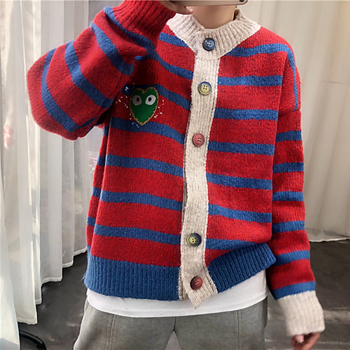 

Women's Stylish Knitted Striped Cardigan Sweater Long Sleeve Sweater Cardigans Crew Neck Fall Spring Blue Red Beige