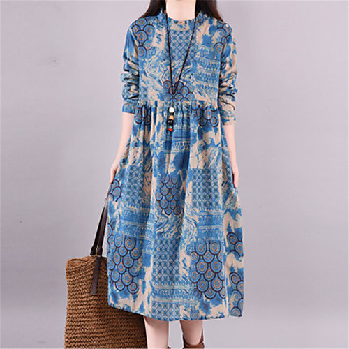 

Women's Shift Dress Midi Dress Blue Long Sleeve Print Print Summer Round Neck Casual 2021 M L XL XXL / Cotton