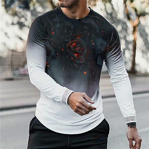 

Men's Unisex Tee T shirt Shirt 3D Print Gradient Graphic Prints Rose Print Long Sleeve Daily Tops Casual Designer Big and Tall Gray