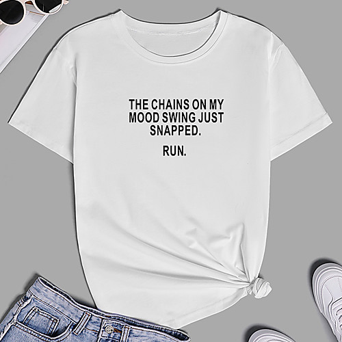 

Women's T shirt Text Letter Print Round Neck Basic Tops 100% Cotton White Yellow Black