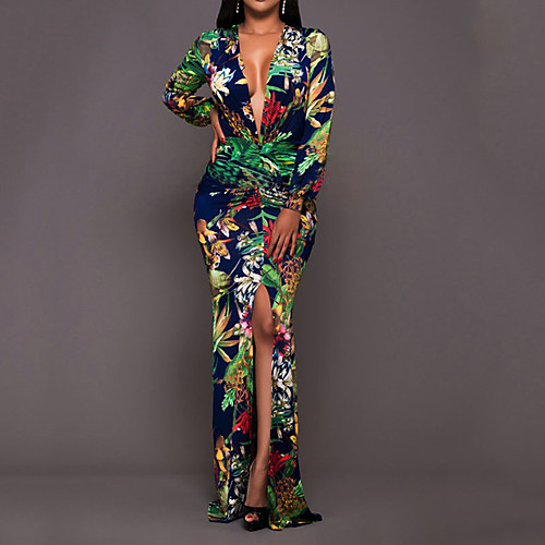 

Women's Sheath Dress Maxi long Dress Green Long Sleeve Floral Print Summer V Neck Casual 2021 S M L XL XXL 3XL