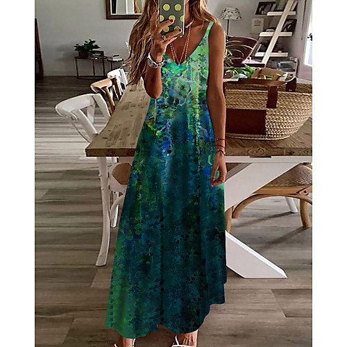 

Women's A Line Dress Maxi long Dress Green Sleeveless Print Color Gradient Print Spring Summer V Neck Casual Holiday 2021 S M L XL XXL 3XL