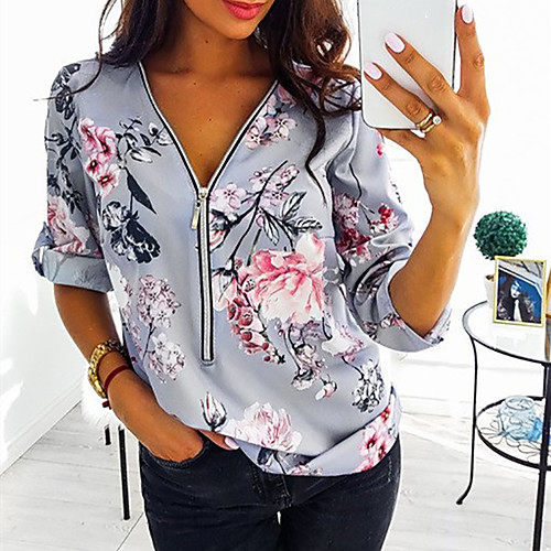 

Women's Floral Theme Painting T shirt Floral Graphic Bird Long Sleeve Zipper Print V Neck Basic Tops Blue Blushing Pink Fuchsia