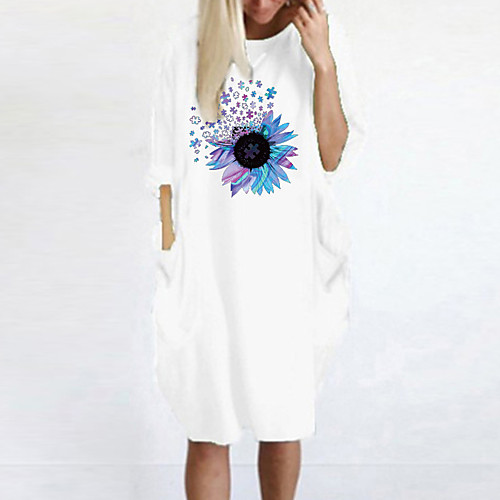 

Women's T Shirt Dress Tee Dress Knee Length Dress Blue Yellow Fuchsia Gray Green White Black Long Sleeve Floral Print Spring Summer Round Neck Casual Oversized 2021 S M L XL XXL 3XL 4XL 5XL