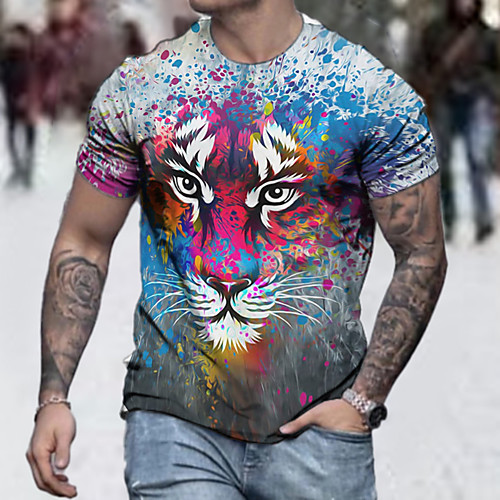 

Men's Tee T shirt Shirt 3D Print Graphic Prints Tiger Animal Plus Size Short Sleeve Casual Tops Basic Designer Slim Fit Big and Tall Blushing Pink