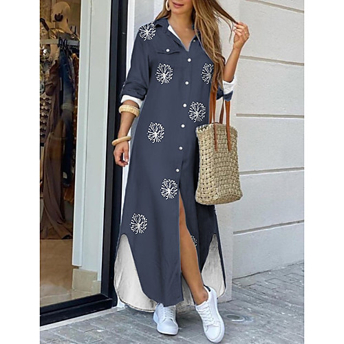 

Women's Shirt Dress Maxi long Dress Gray Long Sleeve Floral Print Spring Summer Shirt Collar Casual 2021 S M L XL XXL 3XL