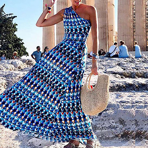 

Women's Swing Dress Maxi long Dress Blue Sleeveless Print One Shoulder Sexy 2021 S M L XL